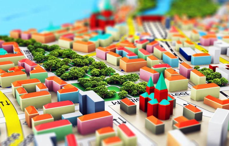 Creative abstract GPS satellite navigation, travel, tourism and location route planning business concept: 3D render illustration of the macro view of miniature color city map with 3D buildings with selective focus effect 